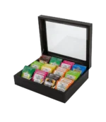 Caja de té Cuzco de 12 divisiones abierta, con saquitos de té en cada compartimiento