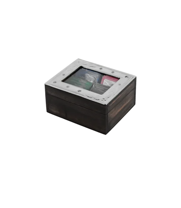 Caja de té Cuzco de 4 divisiones, de madera con tapa de alpaca repujada y ventana de vidrio, con saquitos de té