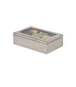 Caja de té Alto Perú de 6 divisiones revestida en alpaca repujada, con tapa de vidrio y saquitos de té a la vista