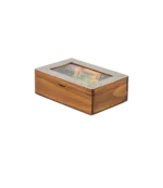 Caja de té Haras de 6 divisiones cerrada, con los saquitos de té a la vista bajo el vidrio de la tapa