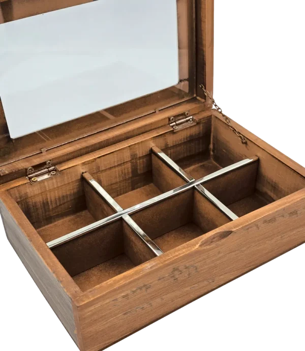 Caja de té Haras de 6 divisiones abierta y vacía, con las divisiones interiores a la vista