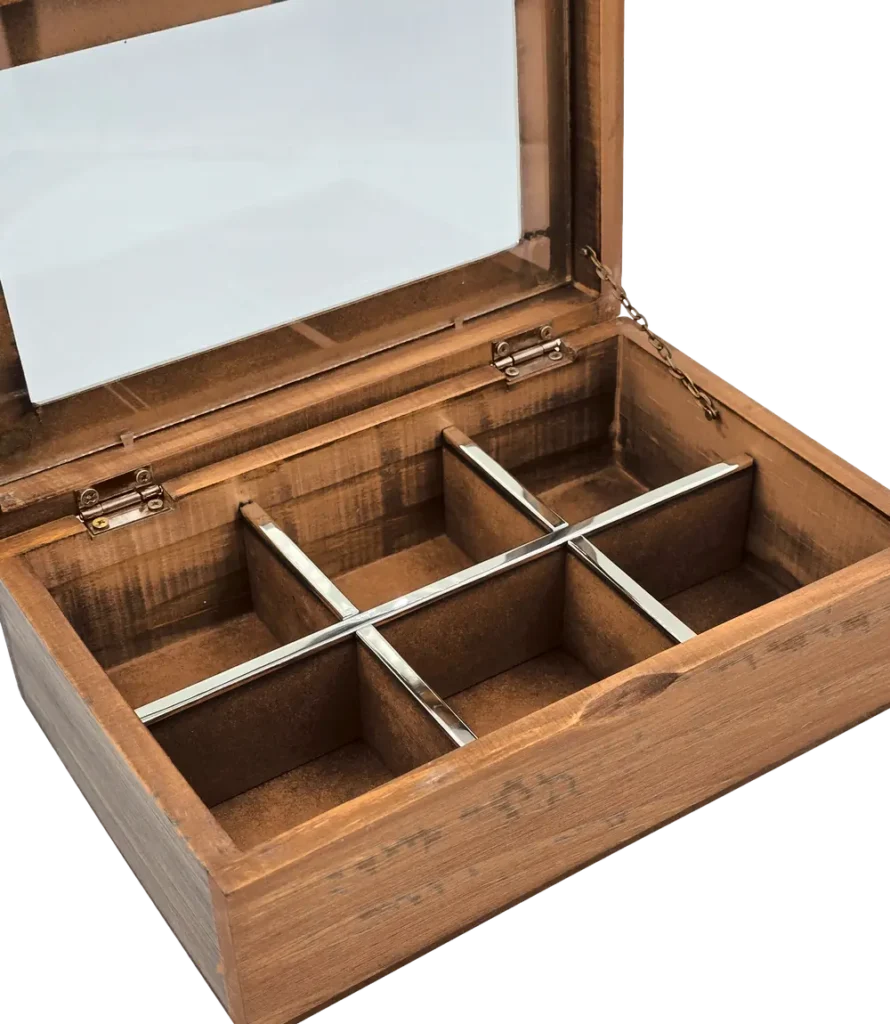 Caja de té Haras de 6 divisiones abierta y vacía, con las divisiones interiores a la vista