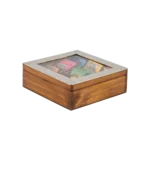 Caja de té Haras de 9 divisiones cerrada, con los saquitos de té a la vista bajo el vidrio de la tapa