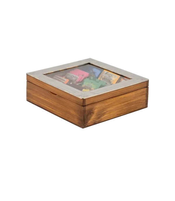 Caja de té Haras de 9 divisiones cerrada, con los saquitos de té a la vista bajo el vidrio de la tapa
